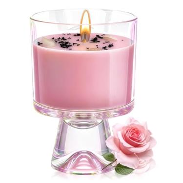 Imagem de Vela de soja rosa e cristal | Vela perfumada romântica com tempo de queima de 48 horas, natural e não tóxica | Presente perfeito de aniversário, dia dos namorados para ela (fragrância de rosa)