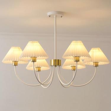 Imagem de Lustre branco elegante com cúpula de tecido plissado. Lustre moderno para iluminação de interiores, ideal para sala de estar, sala de jantar, quarto, cozinha e escritório.
