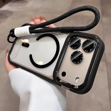 Imagem de Capa com suporte para câmera para iPhone 17 Pro Max, alça de pulso e película protetora para lente, compatível com iPhone 16, 15, 14 Plus, 11, 12, 13 Pro Max, preta (GS).