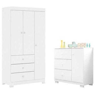 Imagem de Cômoda Infantil Com Guarda Roupa 3 Portas Duda Branco Brilho - Phoenix