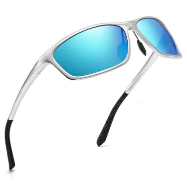 Imagem de SUNGAIT Óculos de sol masculinos retângulo polarizado: óculos de sol esportivos proteção UV – máscaras legais para dirigir, correr, pescar, golfe, Prata/azul espelhado, 0