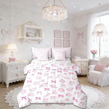 Imagem de Manfei Conjunto de cama tamanho casal de verão, conjunto de cama kawaii, concha de concha, algas marinhas, decoração náutica para meninos e meninas, rosa e branco (elástico + lençol + 2 fronhas + 2