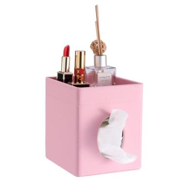 Imagem de Sumnacon Capa quadrada de caixa de lenços com bandeja de armazenamento, suporte decorativo de lenços de couro PU organizador de lenços faciais elegante e moderno dispensador de lenços para banheiro