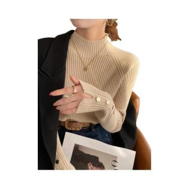 Imagem de Suéter Feminino De Tricô Gola Alta Manga Longa Slim Fit Outono Inverno