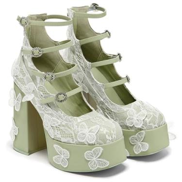 Imagem de KISTANIA Sapato feminino plataforma salto grosso com renda borboleta bico quadrado tira no tornozelo Mary-Jane sapatos plataforma, Verde sálvia, 42