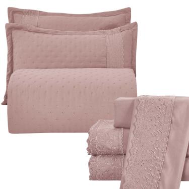 Imagem de Kit Coordenado Grécia Cobre Leito + Jogo de Cama King Bordado Inglês 300 Fios - 7 Peças - Roxo Malva