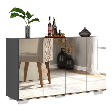 Imagem de Aparador Buffet 4 Portas Com Espelho E Pés Quadrados Vegas V3560 Grafite/Branco Grafite/Branco