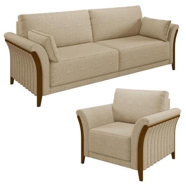 Imagem de Kit Sofá Living 3 Lugares E Poltrona 102cm Pés Madeira Roya M22 Linho Bege - Mpozenato