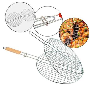 Imagem de Grelha Dupla para Churrasco Inox com Cabo de Madeira - Genérica