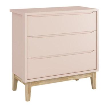 Imagem de Cômoda Infantil Classic 3 Gavetas Rosa Fosco Com Pés Madeira Natural - Reller Móveis Rosa Fosco