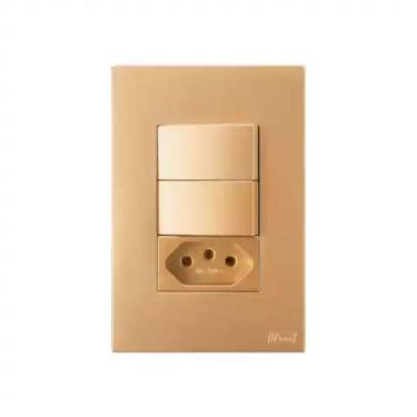 Imagem de Conjunto 4x2 Interruptor 2 Teclas Simples com Tomada 10a Recta Ouro No