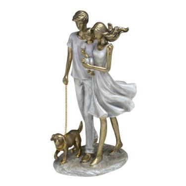 Imagem de Escultura Estatueta Estátua Família Casal Filho Menino Pet Cachorro De