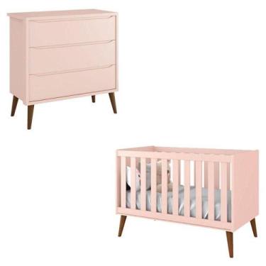 Imagem de Berço Americano E Cômoda Infantil Gaveteiro Theo Rosa Com Pés Amadeira