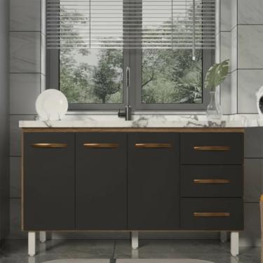 Imagem de Mobília Decor, Balcão Armário Cozinha Gabinete Pia de 140 cm Carine com 3 Portas e 3 Gavetas Savana Preto