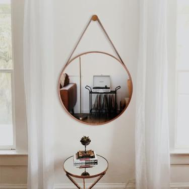 Imagem de Espelho De Banheiro Decorativo Redondo 50cm com Alça em Couro Caramelo com Pino de Fixa...