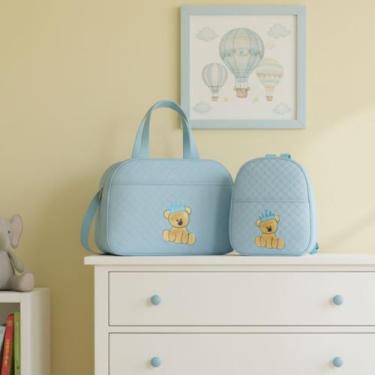 Imagem de Kit Bolsa E Mochila para Bebê Saida Maternidade Urso Bordada Azul Bebê