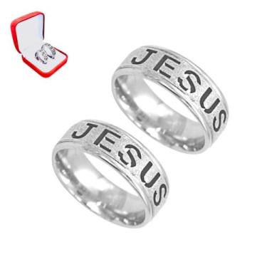 Imagem de Par Alianças Prata Jesus 6mm Namoro Namorados Compromisso Uniao Casal 