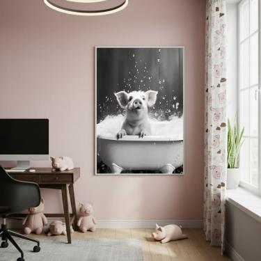 Imagem de Quadro Decorativo Porco Na Banheira 70x50cm Mold Preta