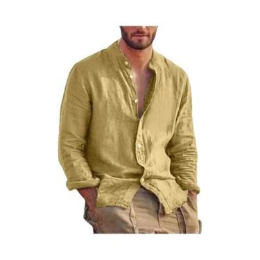 Imagem de Camisa Masculina De Linho De Manga Longa, Cor Sólida, Casual, Leve, Re