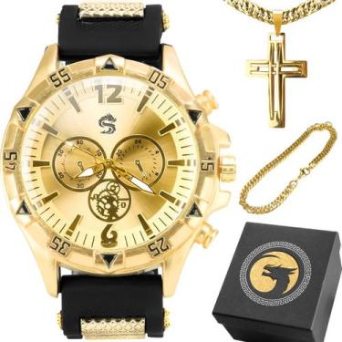 Imagem de relogio masculino aço inox ouro + cordão + pulseira original analogico