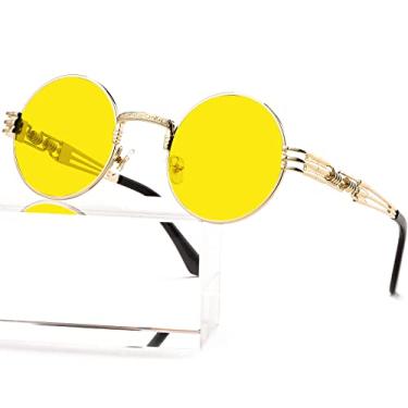 Imagem de AIEYEZO Óculos de sol redondos Steampunk para homens e mulheres, armação de metal, lentes 100% bloqueadoras de UV, Ouro/Amarelo Oceano, MM