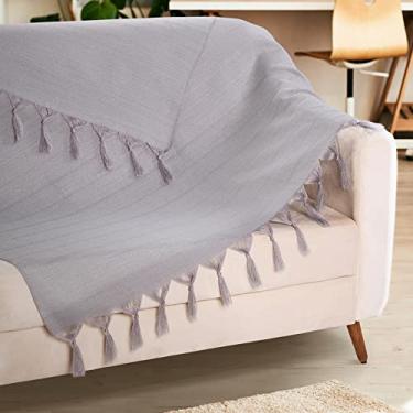 Imagem de Manta Para Sofá Grande 2,20m Cinza Com Franjas Decoração Sala
