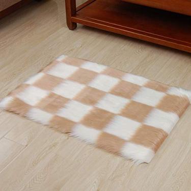 Imagem de Tapete de área falsa xadrez felpudo lavável tapete de pilha longa antiderrapante protege o chão para sala de estudo banheiro varanda quarto infantil sofá cadeira, camelo, 60 * 120 cm