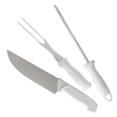 Imagem de Conjunto de Facas 3 Peças Faca Garfo e Chaira Cabo Branco