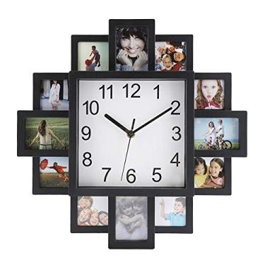 Imagem de Relógio de parede com moldura de foto, relógio de parede de plástico 2 em 1 + moldura preta moderna decoração de casa decoração de sala de estar cercada por várias molduras de foto para exibir fotos