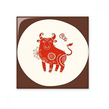 Imagem de Ano de Ox Animal China Zodíaco Vermelho Cerâmica Azulejo Brilhante Decalque Pedra Adorno de Tijolos Vitrificados