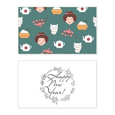 Imagem de Cat Sakura Bule de Chá de Arroz do Japão Ano Novo Cartão de felicitações Mensagem de Abençoamento Presente