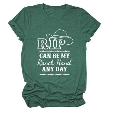 Imagem de Rip Can Be My Ranch Hand Any Day Camiseta feminina com padrão de chapéu jeans engraçado com dizeres estampados camisetas country music pulôver tops, Verde retrô, GG