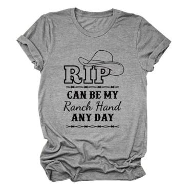 Imagem de Rip Can Be My Ranch Hand Any Day Camiseta feminina com padrão de chapéu jeans engraçado com dizeres estampados camisetas country music pulôver tops, Cinza escuro, 3G