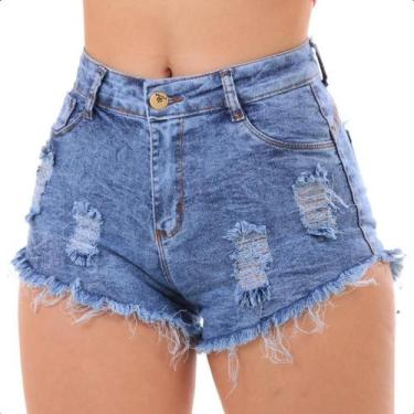 Imagem de Short Jeans Feminino Cintura Alta Com Lycra Barra Desfiada - Rtsa