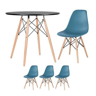 Imagem de Loft7, Kit - Mesa redonda Eames 80 cm preto + 3 cadeiras Eiffel Dsw Turquesa