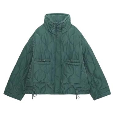 Imagem de Jaqueta feminina outono inverno vintage xadrez parka casual bolsos casaco de algodão solto short outwear tops, Azul, verde, G