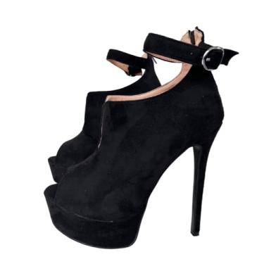 Imagem de Frankie Hsu Sapatos de salto alto sexy peep toe plataforma stiletto, estilo moderno de camurça preta, grande, tamanho 38-50, elegante, com fivela de prata, sapatos para mulheres e homens, Preto, 18