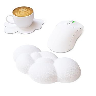 Imagem de MANBASNAKE Cloud Mouse Pad Suporte de pulso, almofada de couro com espuma viscoelástica, porta-copos de couro impermeável, descanso ergonômico para as mãos para computador, laptop, trabalho de escritório, jogos de PC, alívio da dor no pulso/cotovelo (branco)