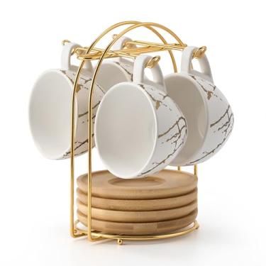 Imagem de LUKA Conjunto de xícaras de café expresso de cerâmica Demitasse com pires e suporte de metal, xícaras de cappuccino empilháveis de porcelana de 227 g para chá, expresso, latte, café, café mocha,