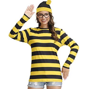 Imagem de For G and PL Camisa feminina listrada divertida para cosplay de Halloween, Amarelo e preto, Large