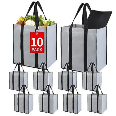 Imagem de Bodaon Sacos de mercearia reutilizáveis dobráveis de cozinha com fundo de plástico, sacola utilitária a granel, carrinho de compras reutilizável dobrável grande para mantimentos, sacolas de armazenamento resistentes, cesta de compras (cinza)