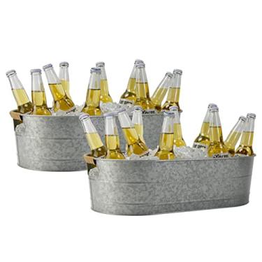 Imagem de Balde de gelo galvanizado, 2 peças de banheira oval de 5 galões, baldes de gelo para festas, balde de metal com alça de vime para cerveja, uísque, vinho e coquetéis (galvanizado)