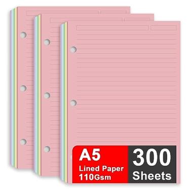 Imagem de Papel de enchimento A5, papel de refil de caderno de 3 furos para fichário recarregável de 3 anéis, papel de refil de planejador de folhas soltas de 5 cores 110 g/m², 300 folhas/600 páginas, 5,7 x 8,3 polegadas