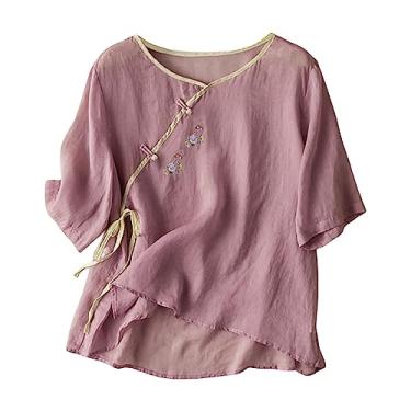 Imagem de Camiseta feminina de verão de linho, cor sólida, gola redonda, botões, caimento solto, manga curta, túnica, Roxa, M