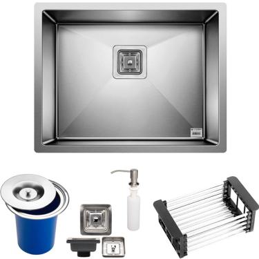 Imagem de Cuba Quadrada Inox 304 Cozinha Pia Embutir Sobrepor Gourmet 55x45 Premium Com Lixeira Embutir 5 Litros