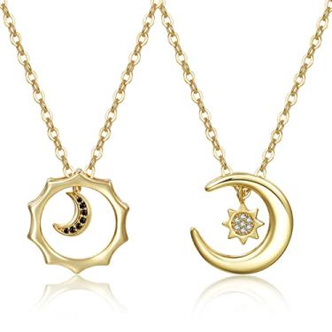 Imagem de MJartoria Colar Best Friend com pingente de sol e lua BFF para 2 colares de amizade ou casais combinando joias presentes (ouro-sol + lua + strass), Aço inoxidável, aço inoxidável