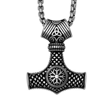 Imagem de HAQUIL Mjolnir Necklace, aço inoxidável Viking Thor Hammer Helm of Awe Triquetra Pendant, Box Chain, Viking Jewelry Gift for Men