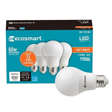 Imagem de Ecosmart 60W Equivalente Soft White A19 Energy Star e Lâmpada LED regulável (pacote com 4)
