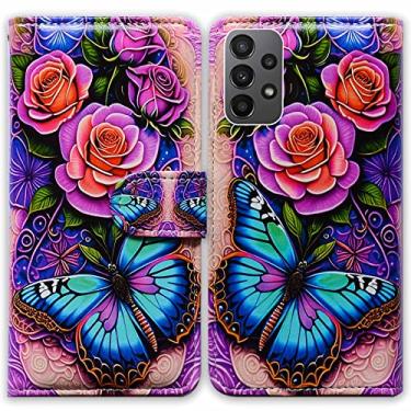 Imagem de Bcov Capa para Galaxy A23 5G, borboletas azuis flores rosa couro flip capa carteira com compartimento para cartão suporte para Samsung Galaxy A23