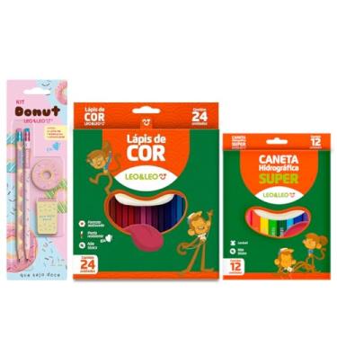 Imagem de Kit Material Escolar Lápis de Cor 24 Cores + Canetinha 12 Cores + Kit Temático com Lápis, Borracha e Apontador - Leo e Leo (Donut)